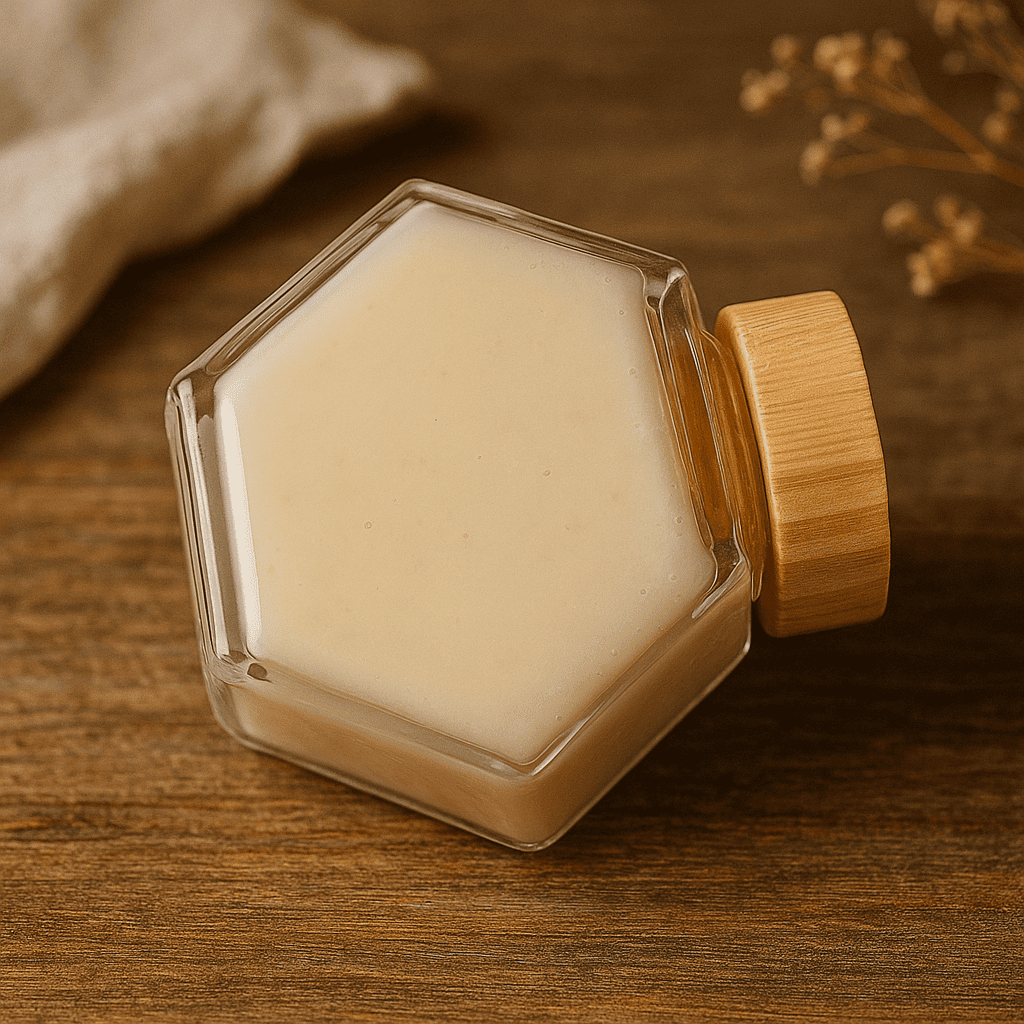 Pot de miel blanc onctueux venu du Kirghizistan, allongé sur une table en bois, avec arrière-plan doux et éléments naturels