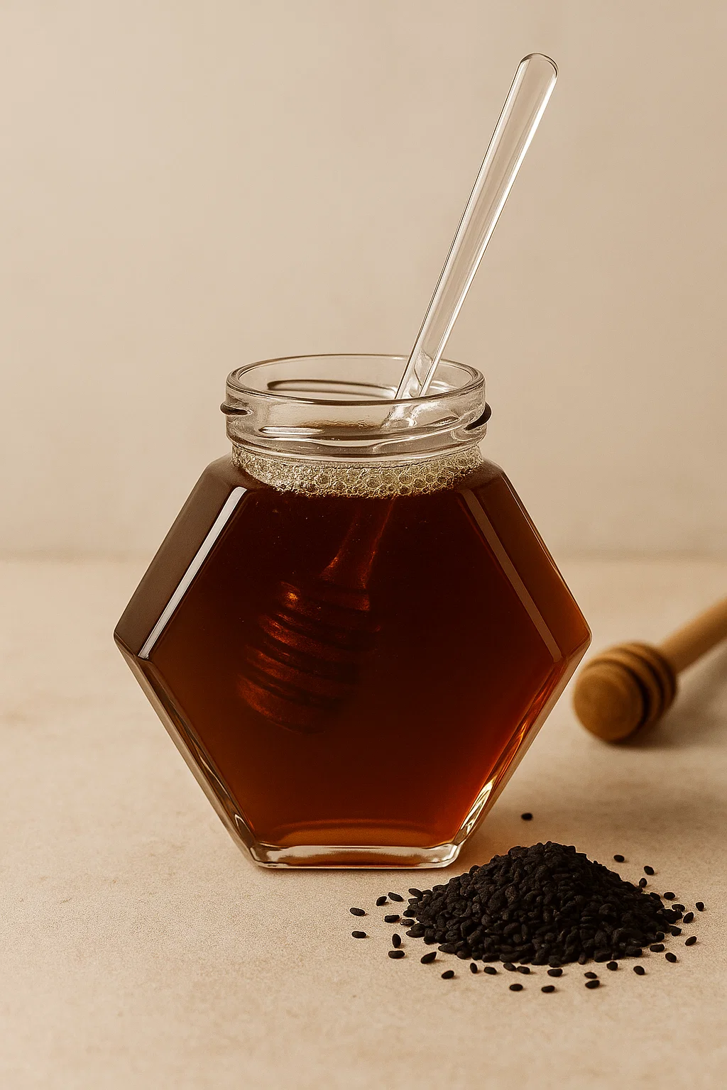 Pot de miel foncé avec une cuillère en verre, accompagné de graines de nigelle.