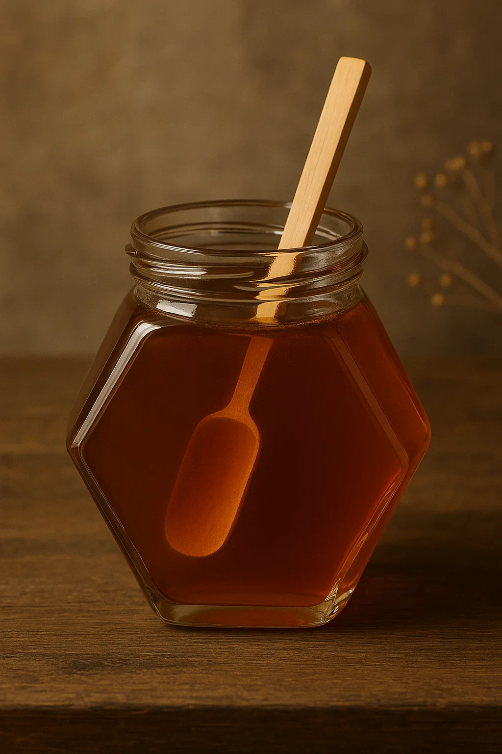 Pot de miel ambré avec cuillère en bois, posé sur une surface en bois foncé.