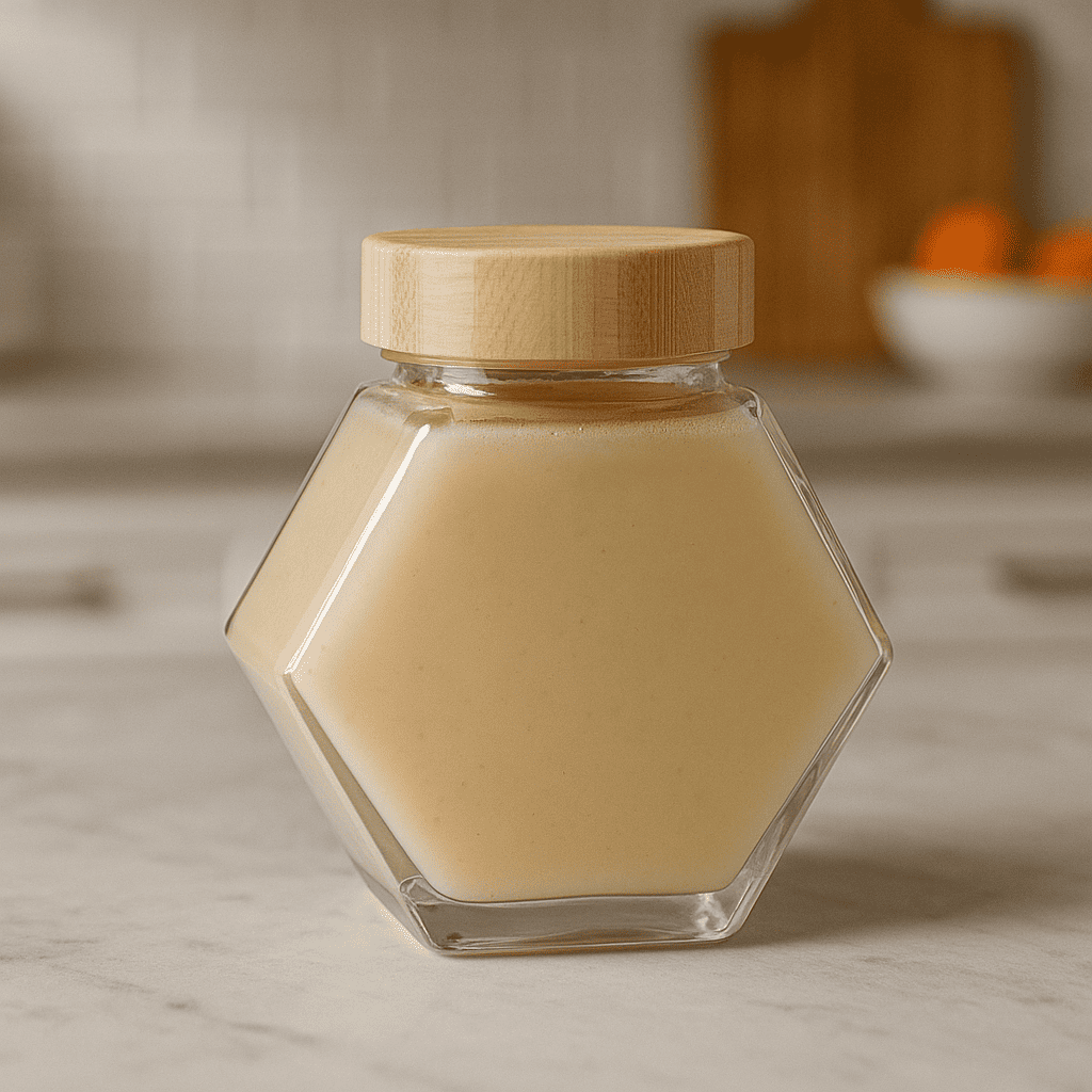 Miel foncé de Speerkay récolté en altitude dans l’Himalaya, présenté dans un pot hexagonal sur un fond en bois foncé avec ambiance naturelle