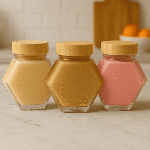 Trois pots de miels clairs et colorés, dont un rose, en verre hexagonal avec couvercle bois, posés sur un plan de travail lumineux pour une cure bien-être saisonnière