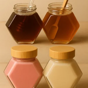 Quatre pots de miel aux textures et couleurs variées, avec cuillères et graines de nigelle.