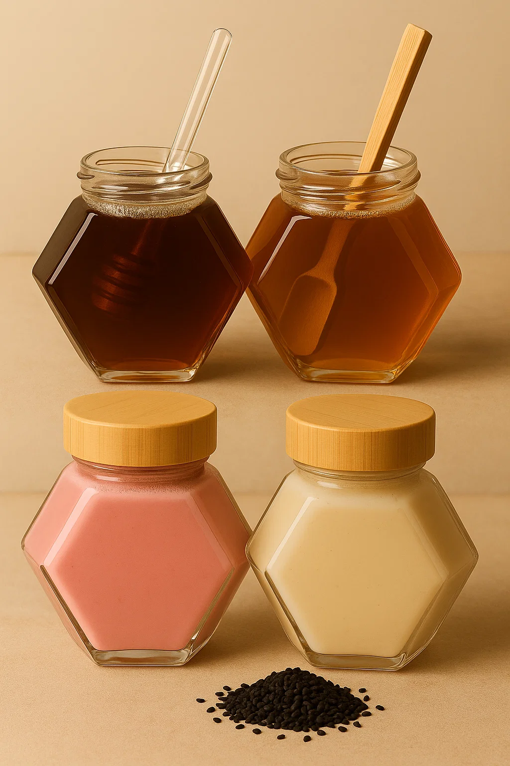 Quatre pots de miel aux textures et couleurs variées, avec cuillères et graines de nigelle.